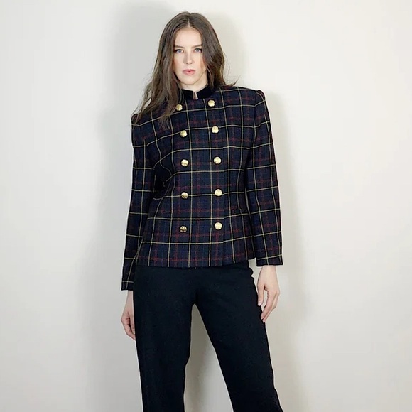 Jones New York Pure Wool Vintage Plaid Military Blazer 8 - Picture 1 of 11